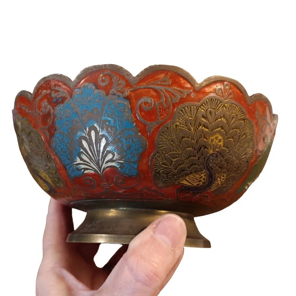 Solid Enameled Brass Peacock Bird Vintage Pedestal Decorative Bowl 6.5